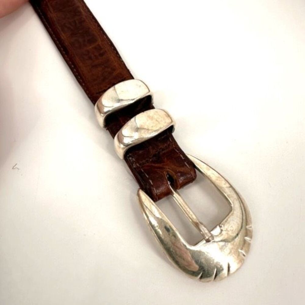 Vintage MCM Women's Crocodile Embossed Leather Silver Buckle Waist Belt Brown